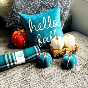 coming soon. Pumpkins, blanket, Gray basket.